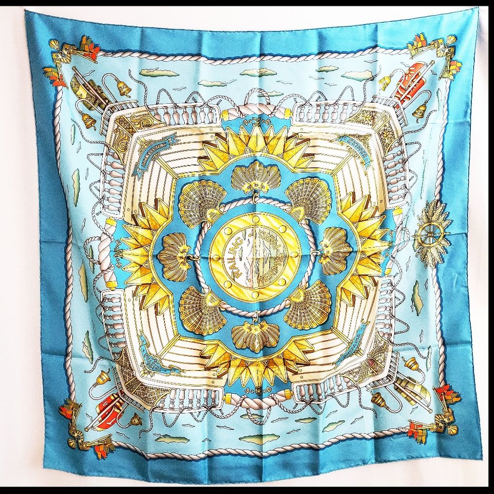 Vintage Hermes Railing Scarf in Teal & Orange 1998